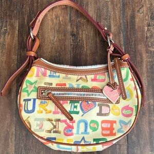 Dooney & Bourke Multicolor Doodle Canvas Shoulder Bag with Tan Leather Trim
